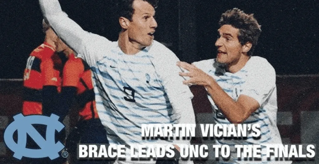 Martin Vician celebrating a goal for UNC